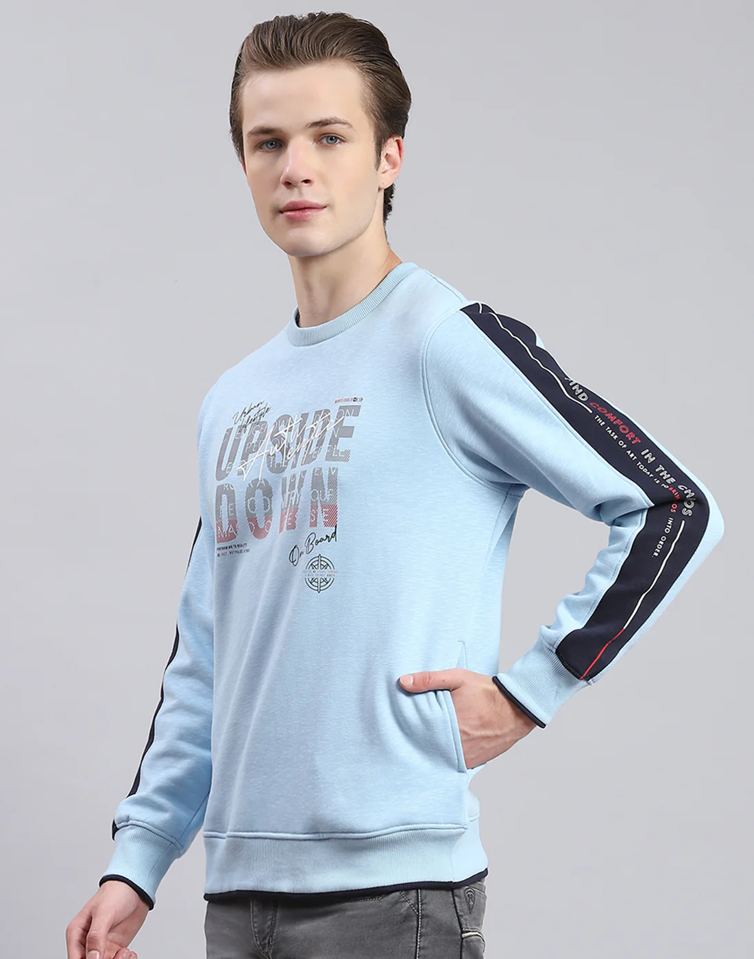 Men Blue Printed Round Neck Full Sleeve Sweatshirt - Image 3