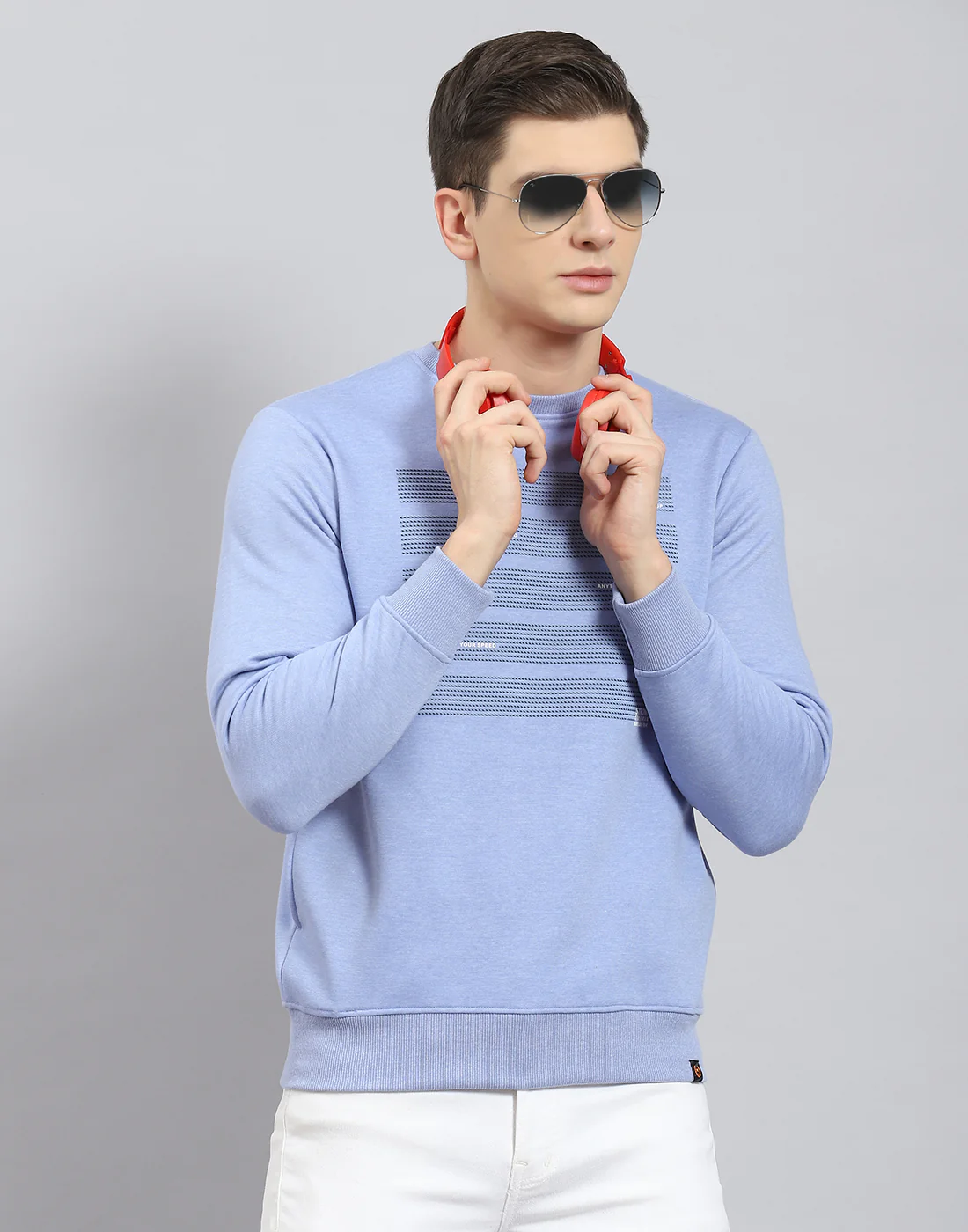 Men Blue Printed Round Neck Full Sleeve Sweatshirt - Image 2