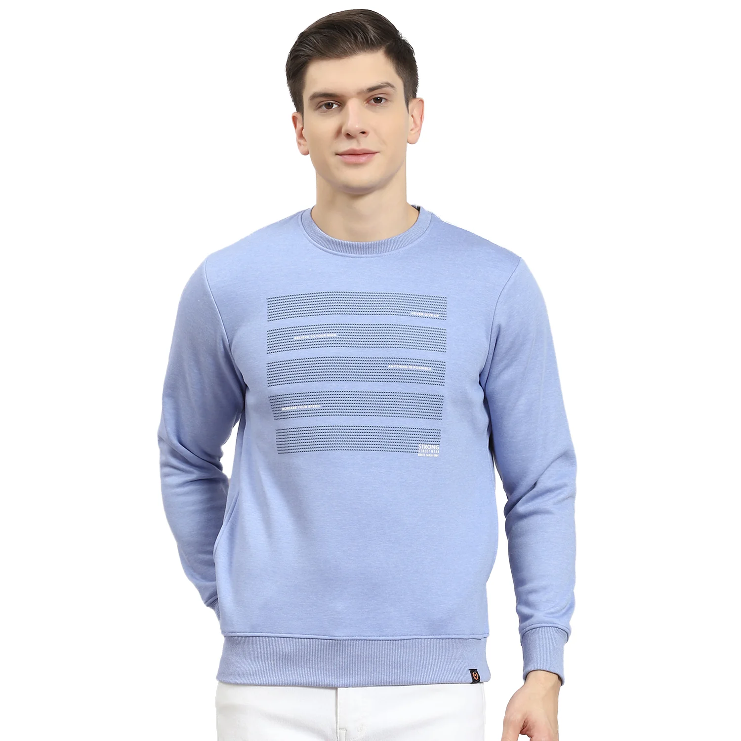 Men Blue Printed Round Neck Full Sleeve Sweatshirt - Image 5