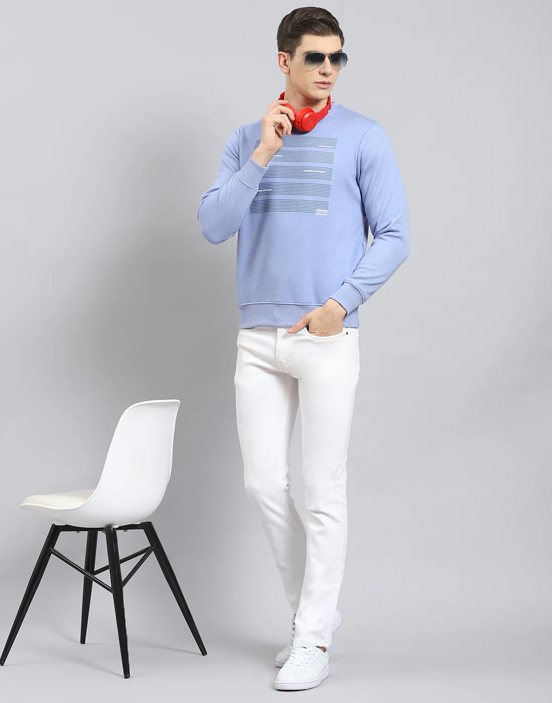 Men Blue Printed Round Neck Full Sleeve Sweatshirt - Image 7