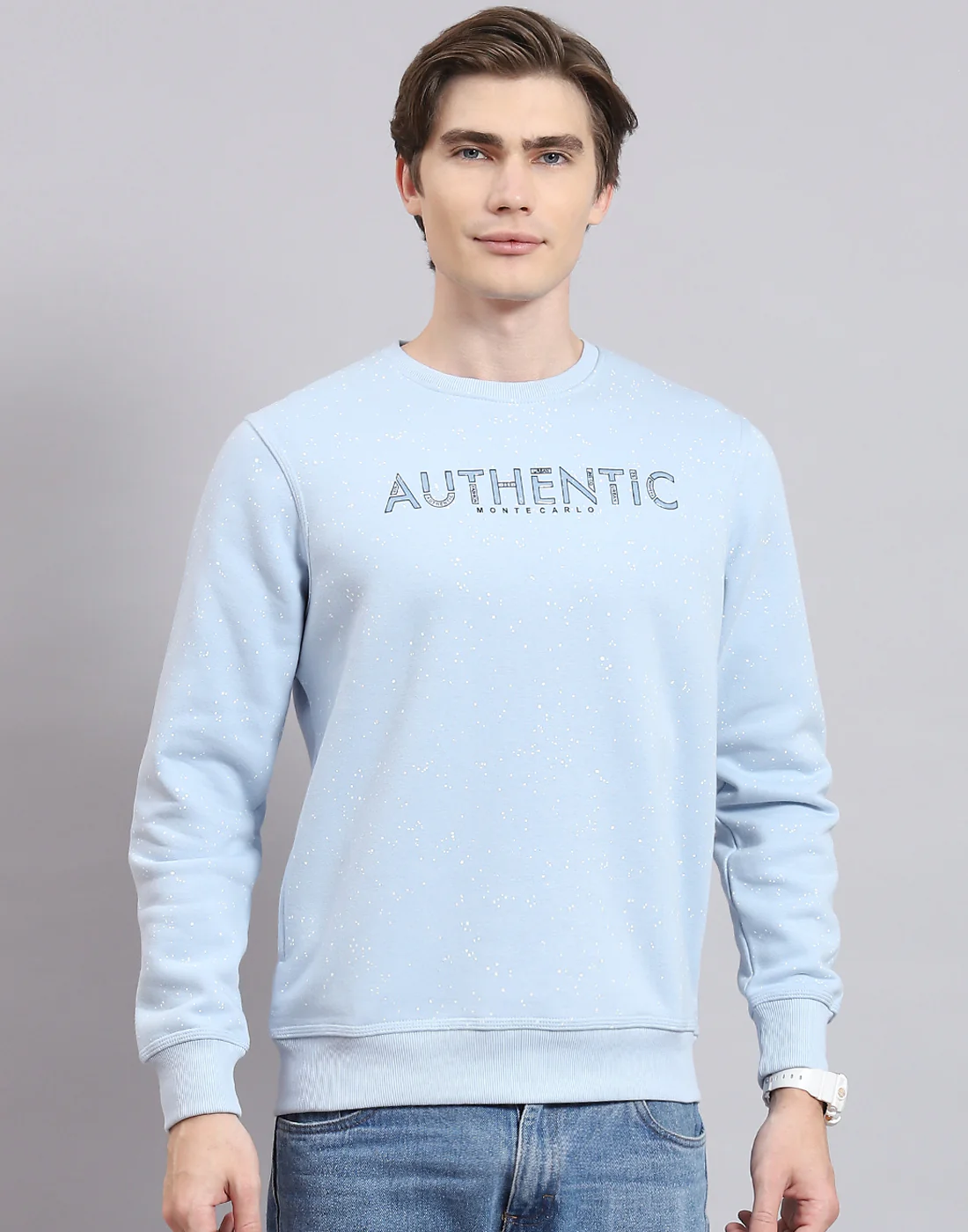Men Blue Printed Round Neck Full Sleeve Sweatshirt - Image 3