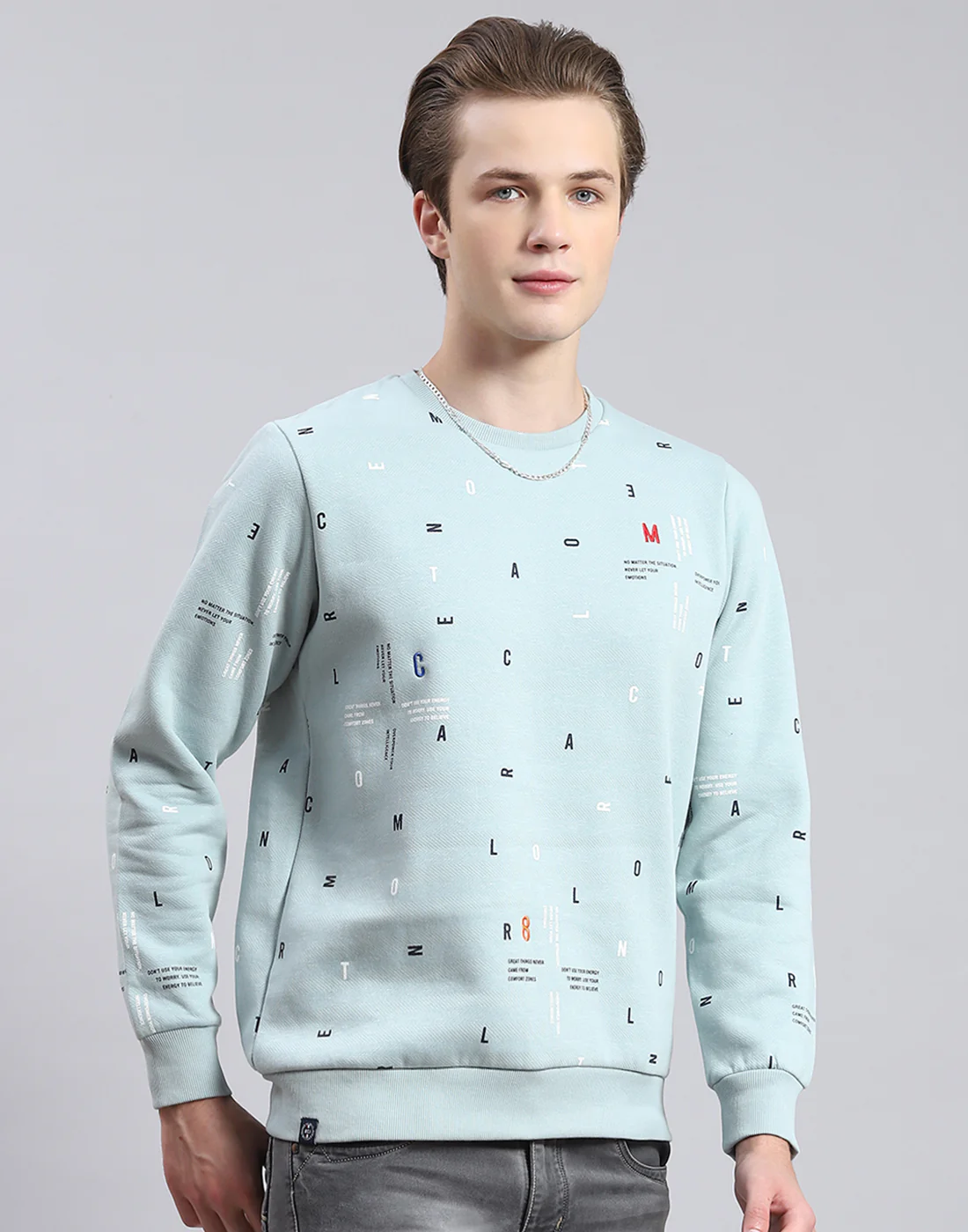 Men Blue Printed Round Neck Full Sleeve Sweatshirt - Image 2
