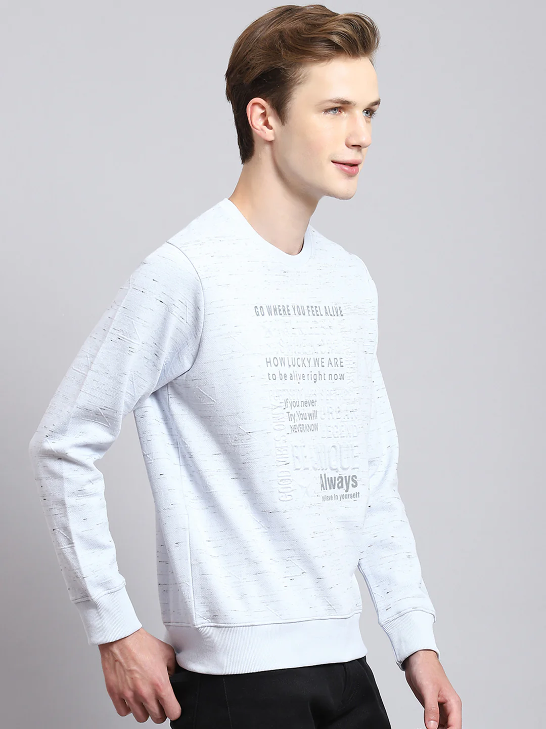 Men Blue Printed Round Neck Full Sleeve Sweatshirt - Image 5