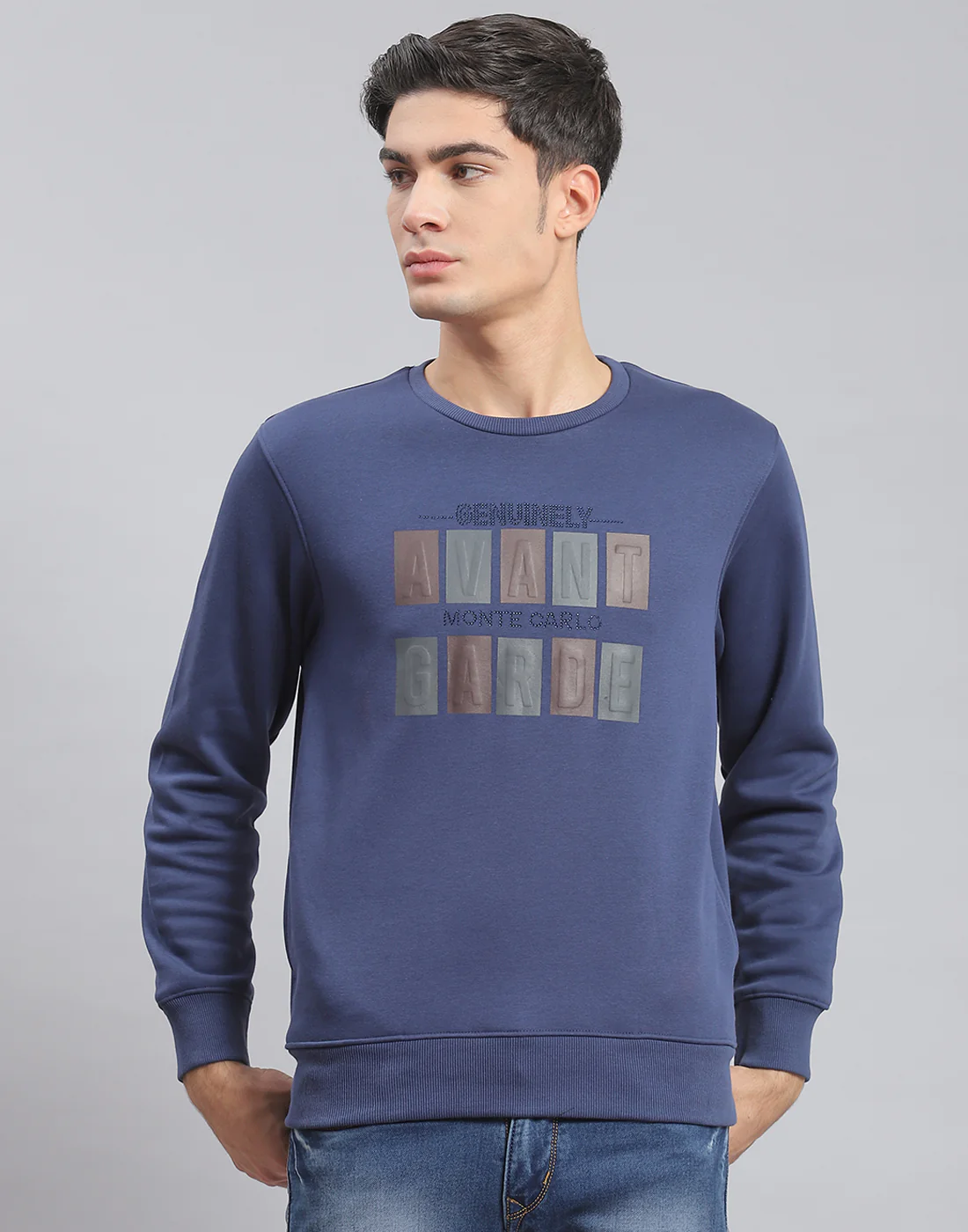 Men Blue Printed Round Neck Full Sleeve Sweatshirt - Image 3