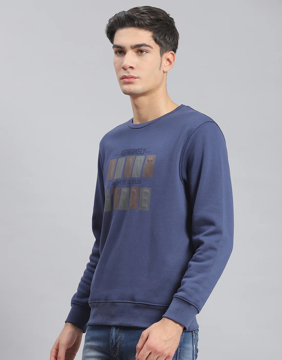 Men Blue Printed Round Neck Full Sleeve Sweatshirt - Image 4