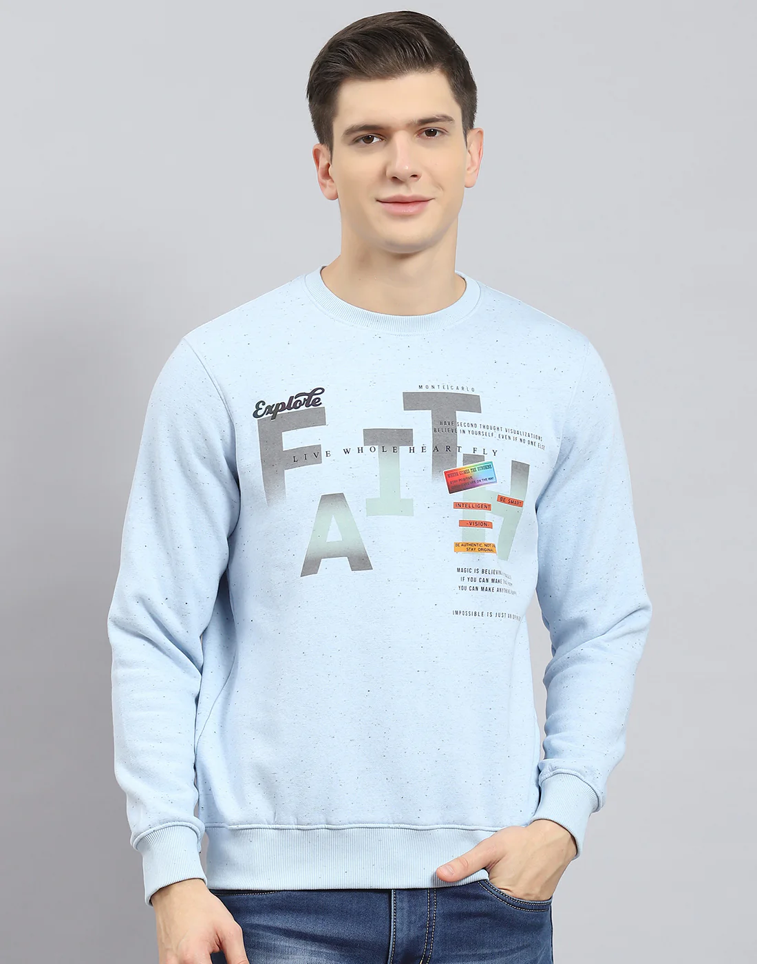 Men Blue Printed Round Neck Full Sleeve Sweatshirt - Image 3