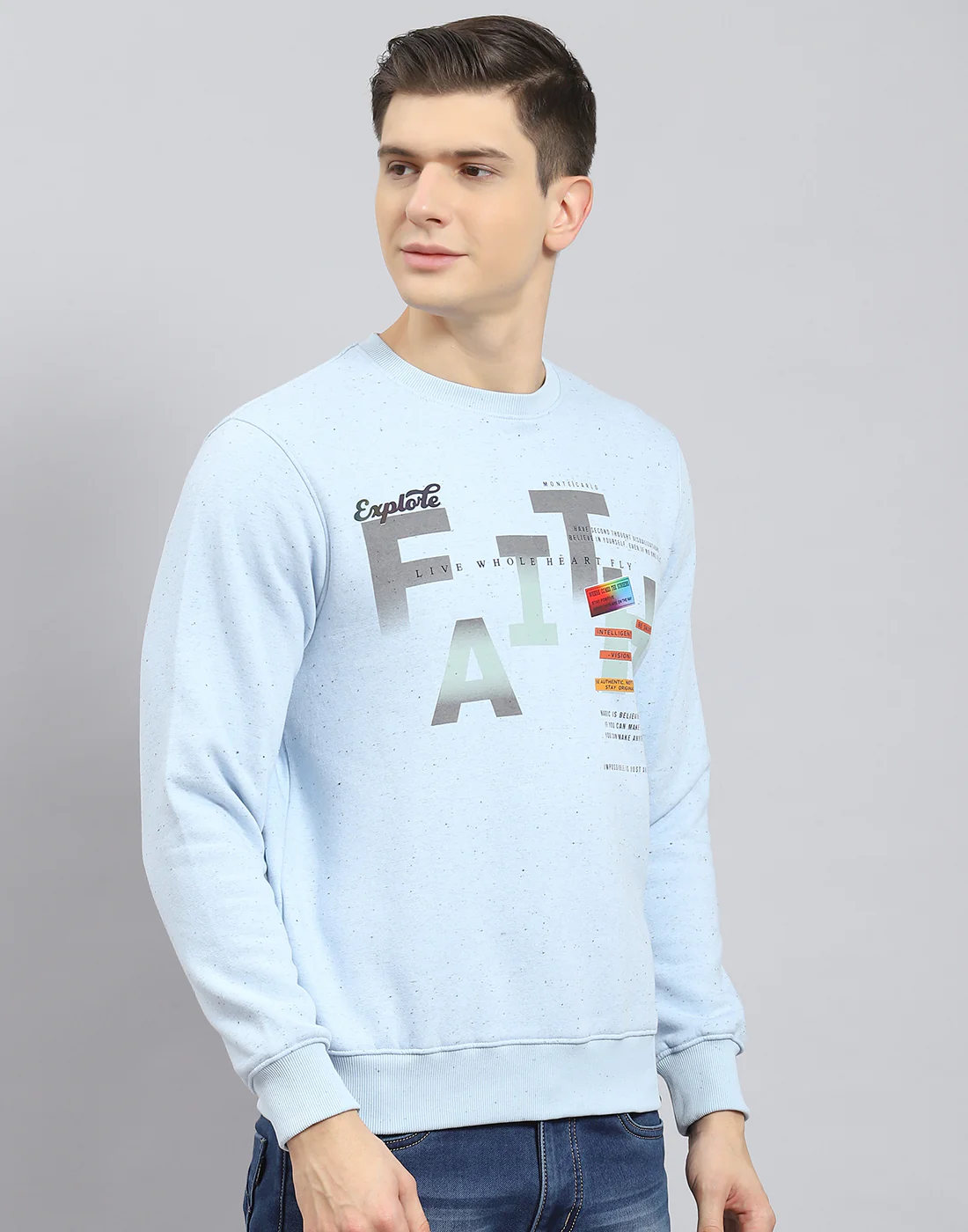 Men Blue Printed Round Neck Full Sleeve Sweatshirt - Image 6