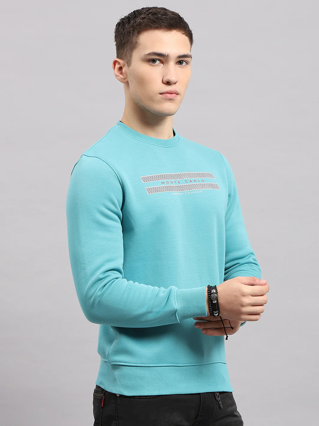 Men Blue Printed Round Neck Full Sleeve Sweatshirt - Image 4