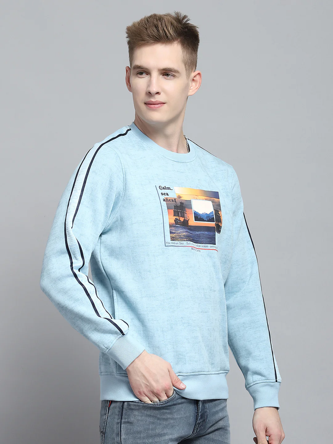 Men Blue Printed Round Neck Full Sleeve Sweatshirt - Image 4