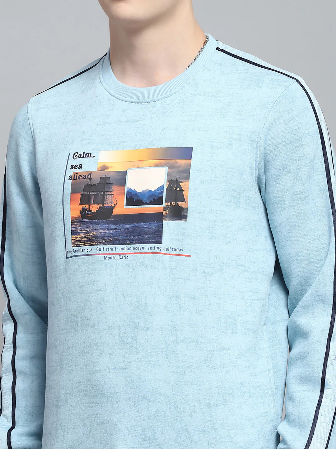 Men Blue Printed Round Neck Full Sleeve Sweatshirt - Image 6