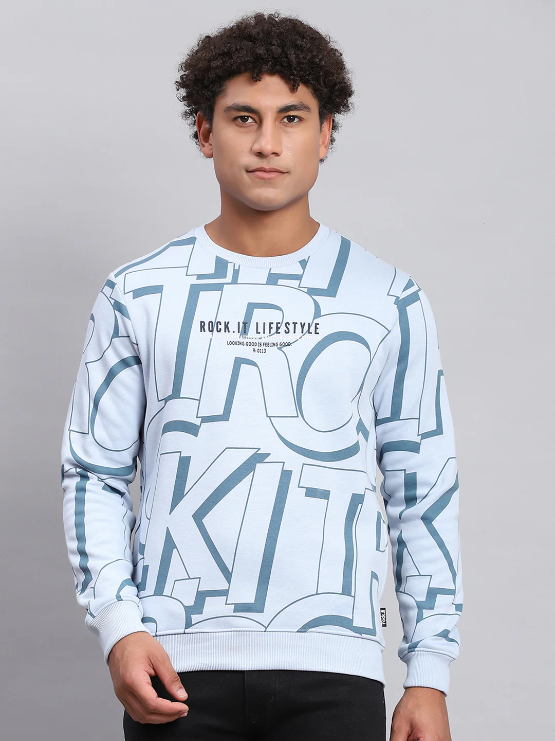 Rock.it Men Blue Printed Round Neck Full Sleeve Sweatshirt - Image 2