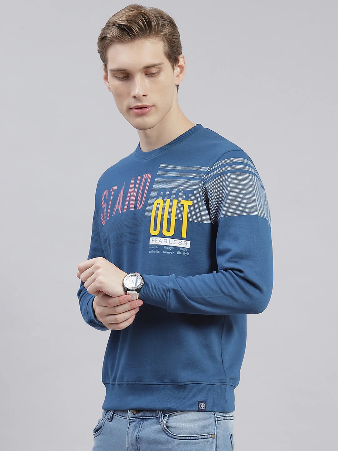 Men Blue Printed Round Neck Full Sleeve Sweatshirts - Image 3