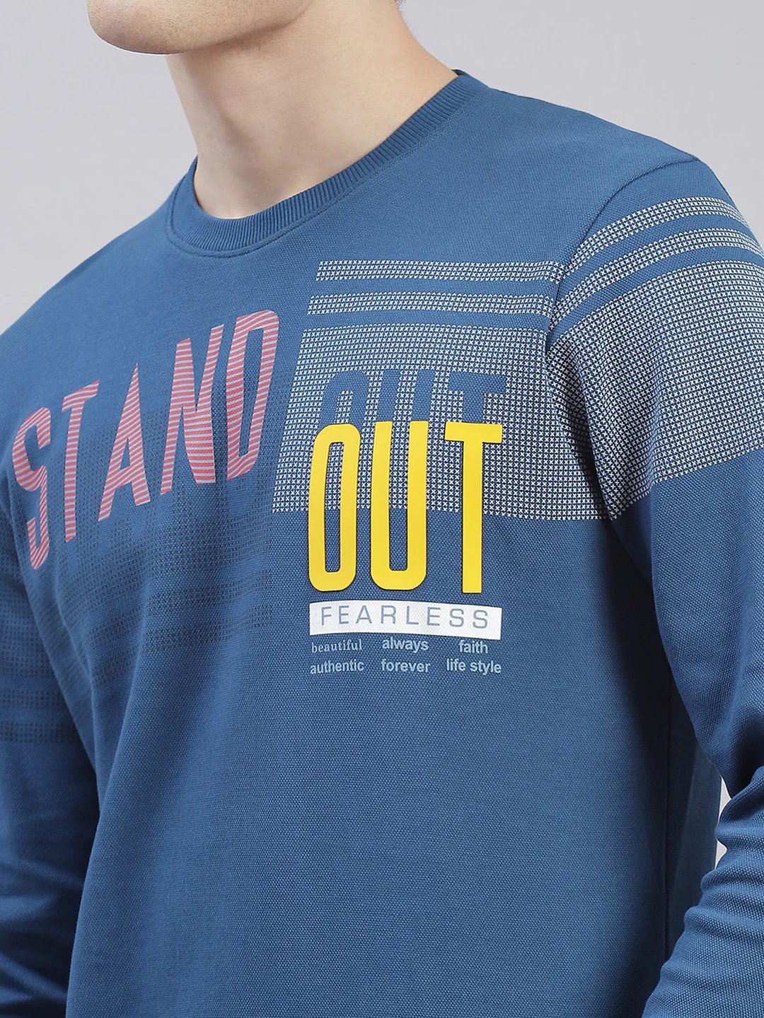 Men Blue Printed Round Neck Full Sleeve Sweatshirts - Image 6