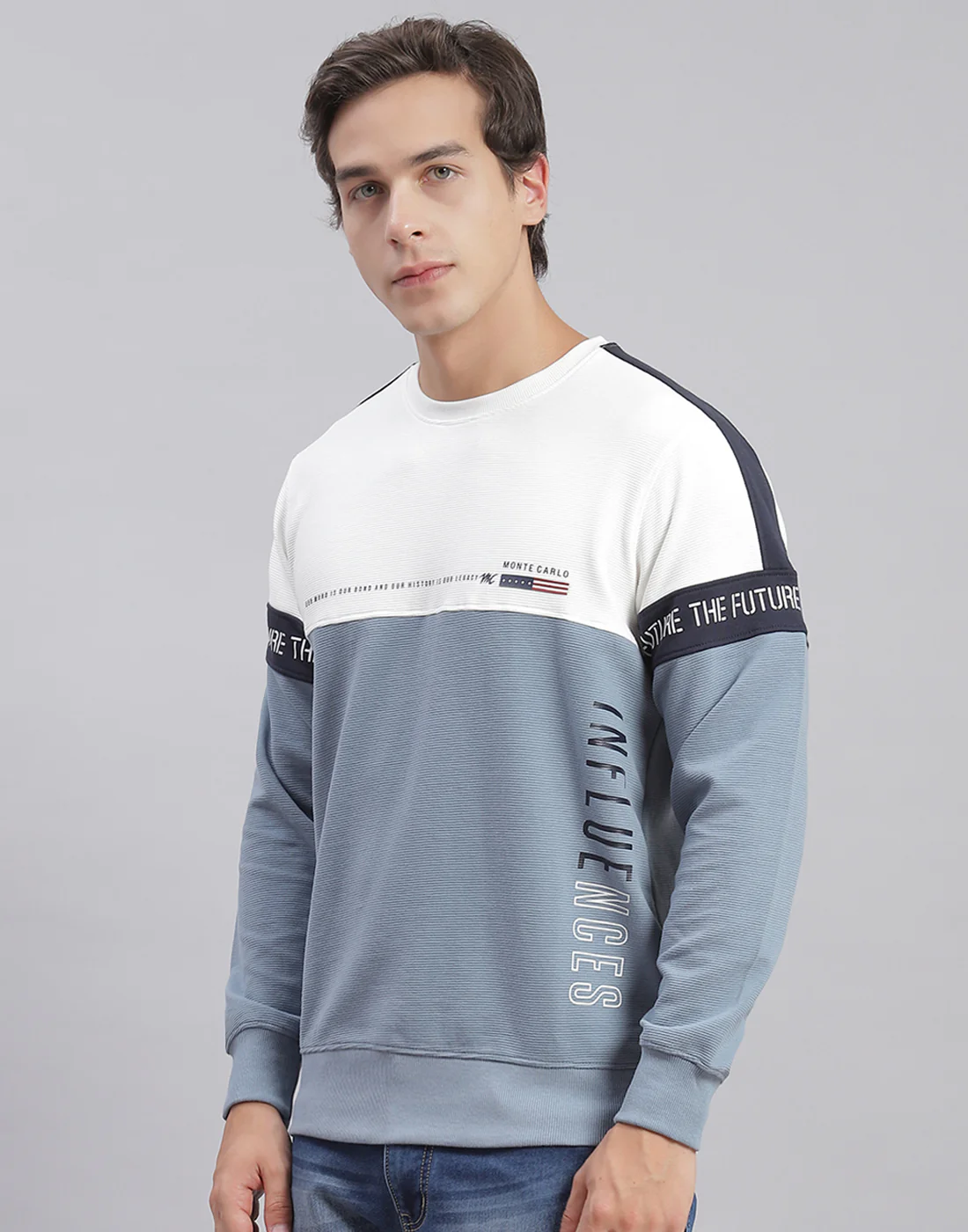 Men Blue Printed Round Neck Full Sleeve Sweatshirts - Image 4