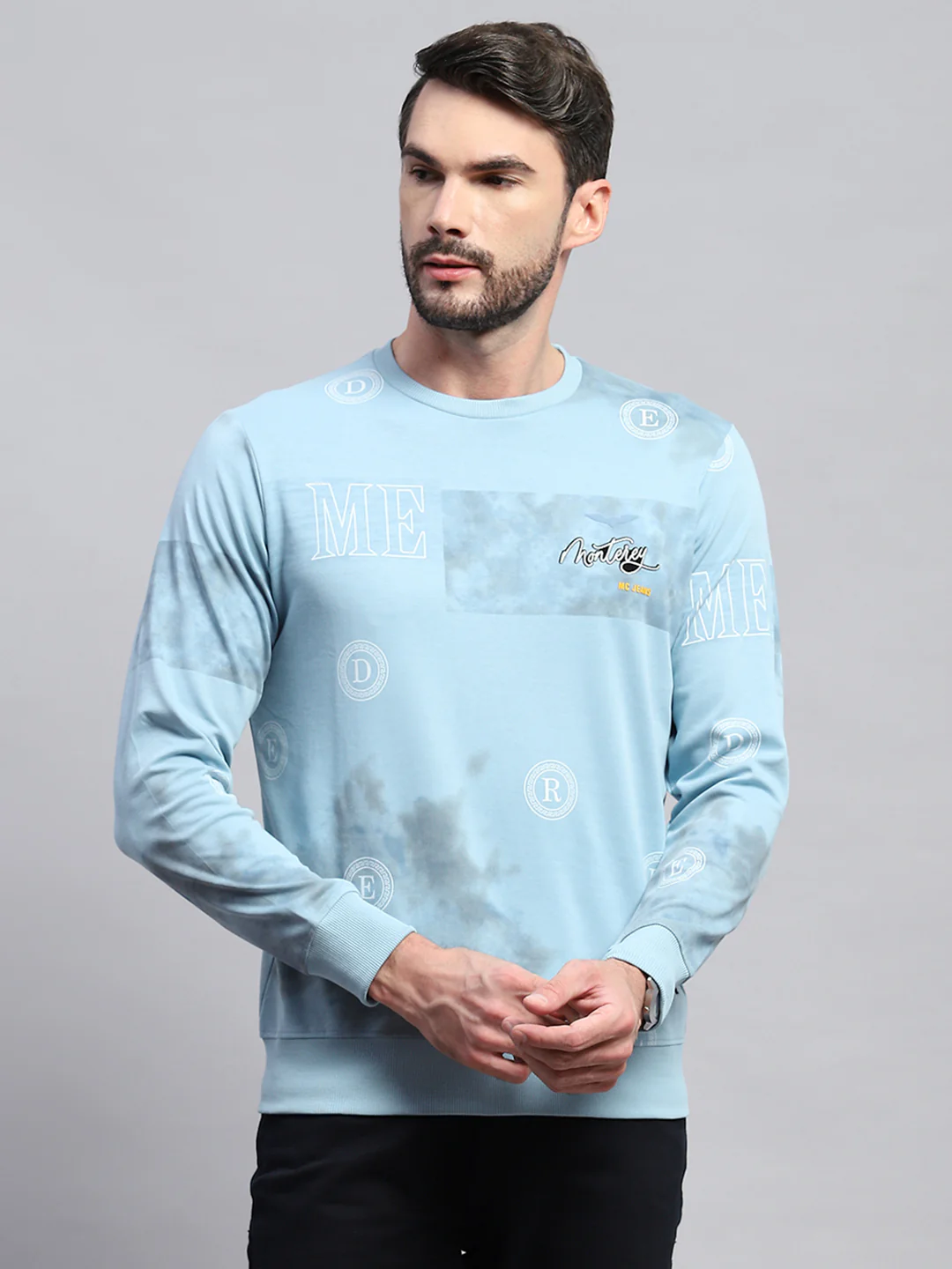 Men Blue Printed Round Neck Full Sleeve T-Shirt - Image 2