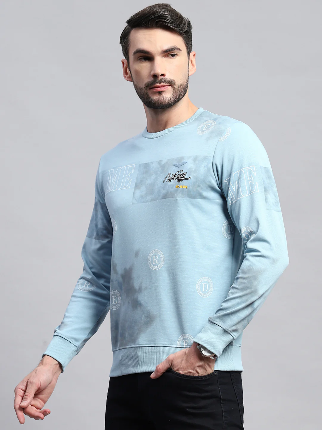 Men Blue Printed Round Neck Full Sleeve T-Shirt - Image 3