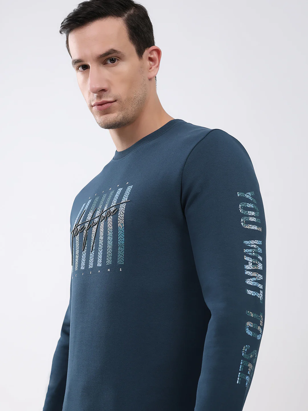 Men Blue Printed Round Neck Full Sleeve Winter T-Shirt - Image 6