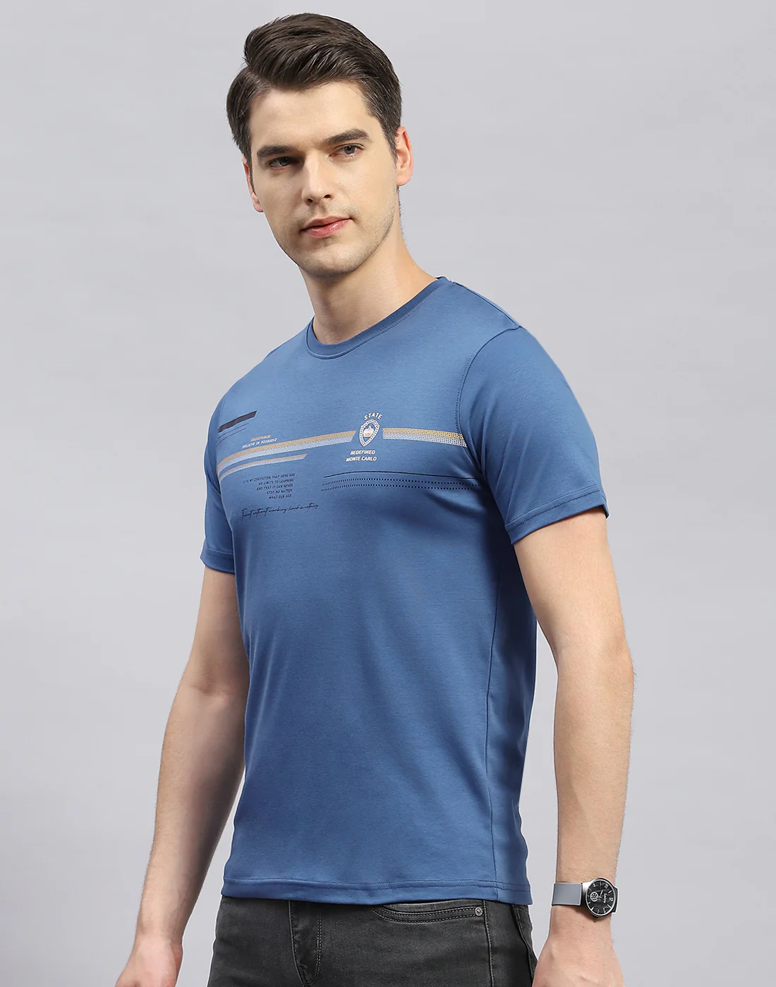 Men Blue Printed Round Neck Half Sleeve T-Shirt - Image 3