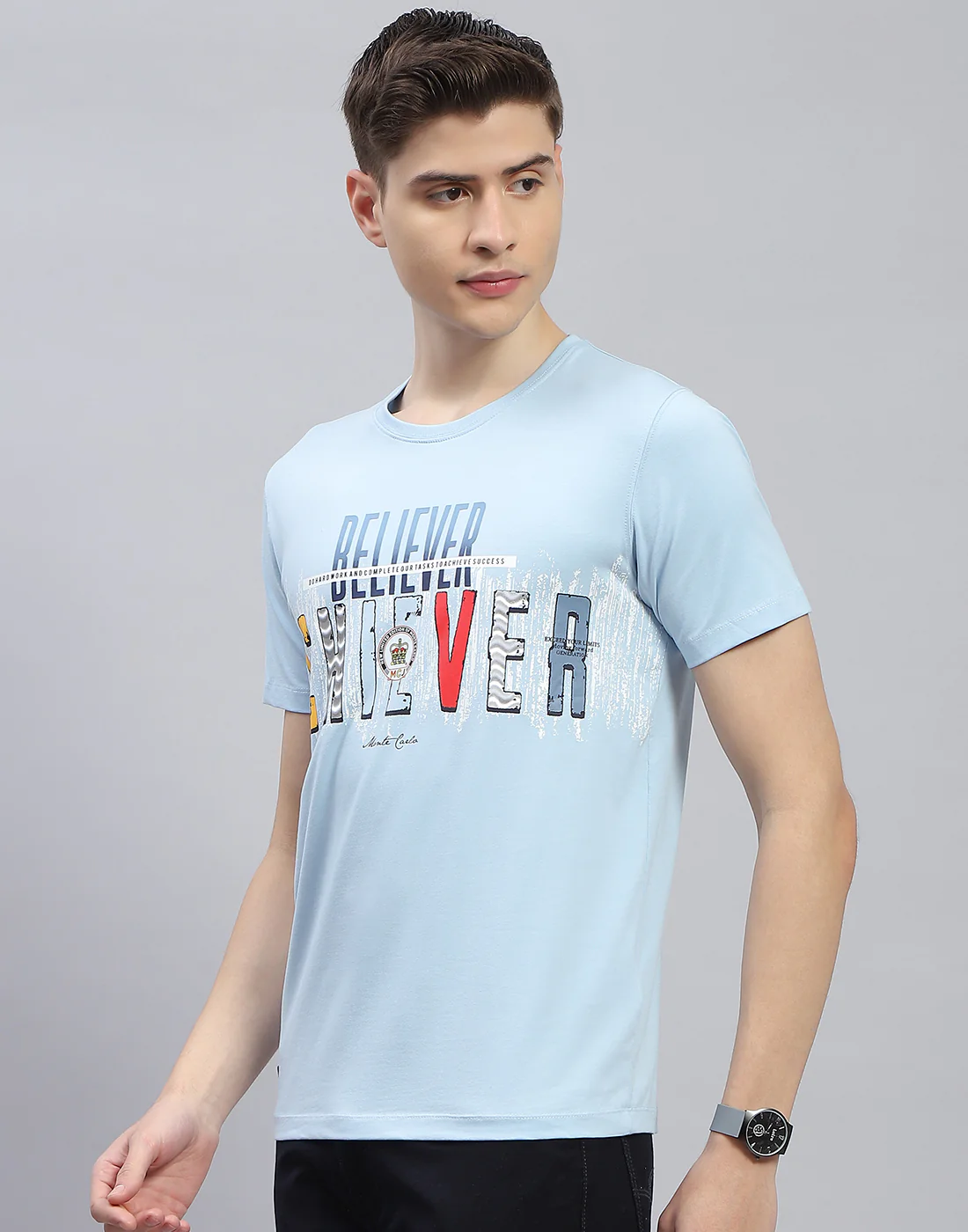 Men Blue Printed Round Neck Half Sleeve T-Shirt - Image 3