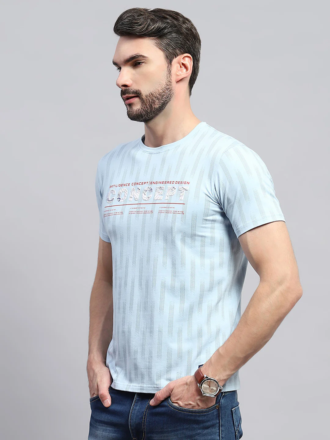 Men Blue Printed Round Neck Half Sleeve T-Shirt - Image 3