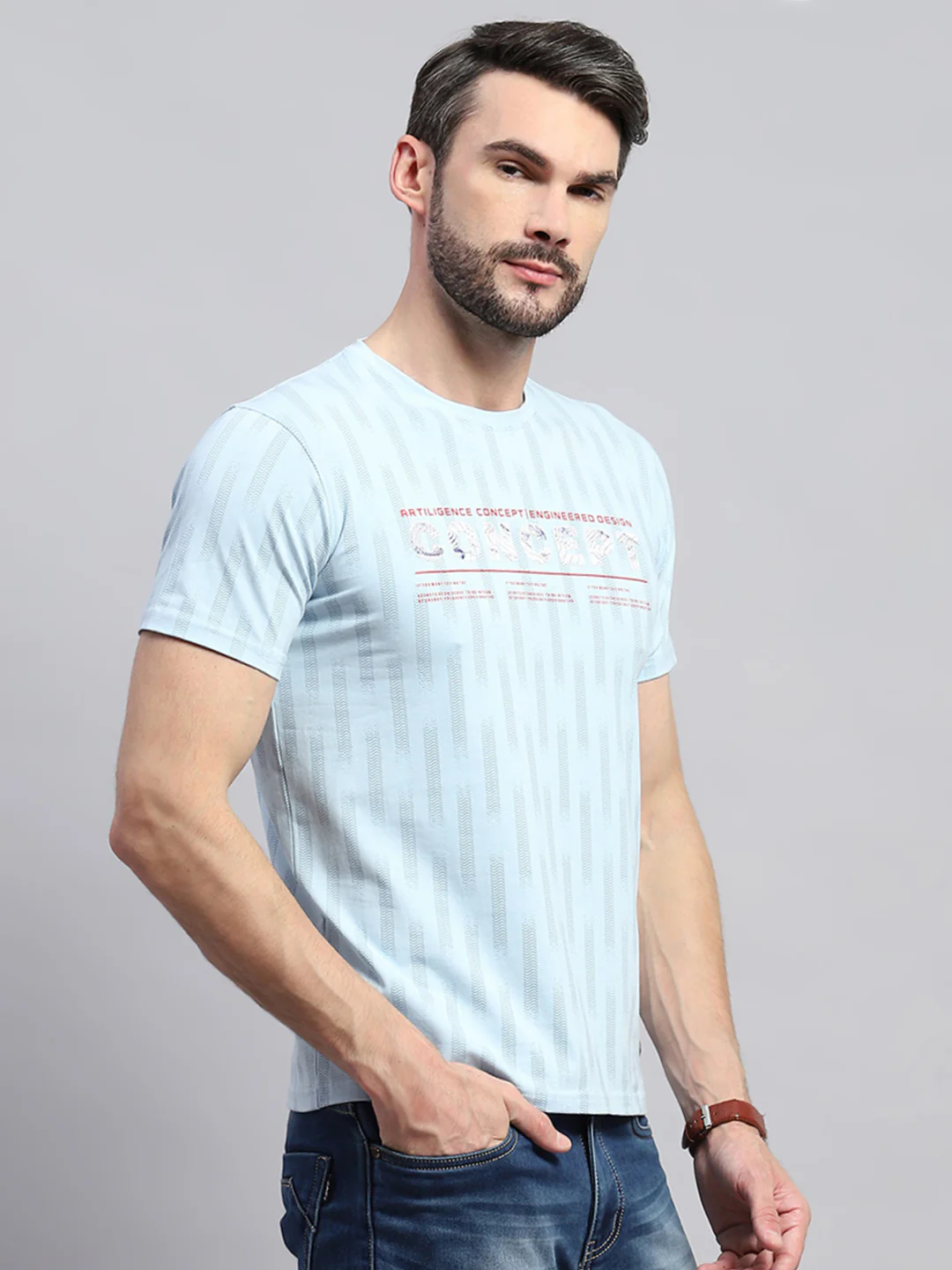 Men Blue Printed Round Neck Half Sleeve T-Shirt - Image 4