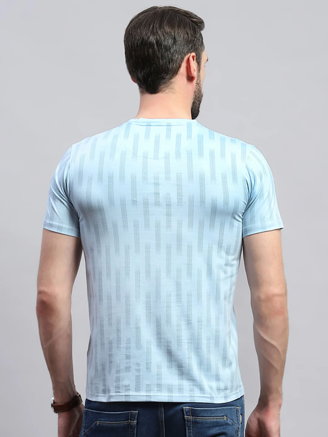 Men Blue Printed Round Neck Half Sleeve T-Shirt - Image 5