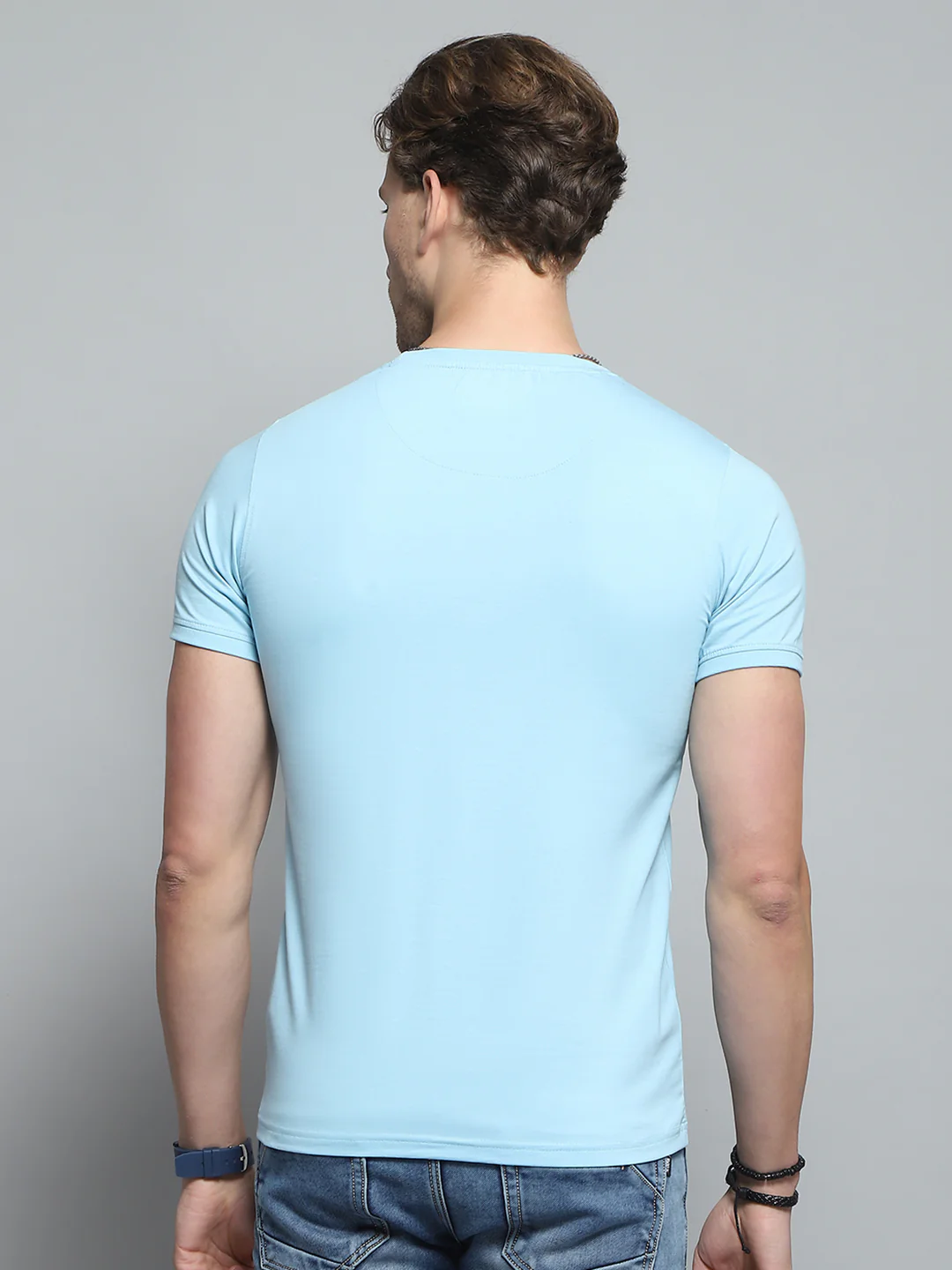 Men Blue Printed Round Neck Half Sleeve T-Shirt - Image 5