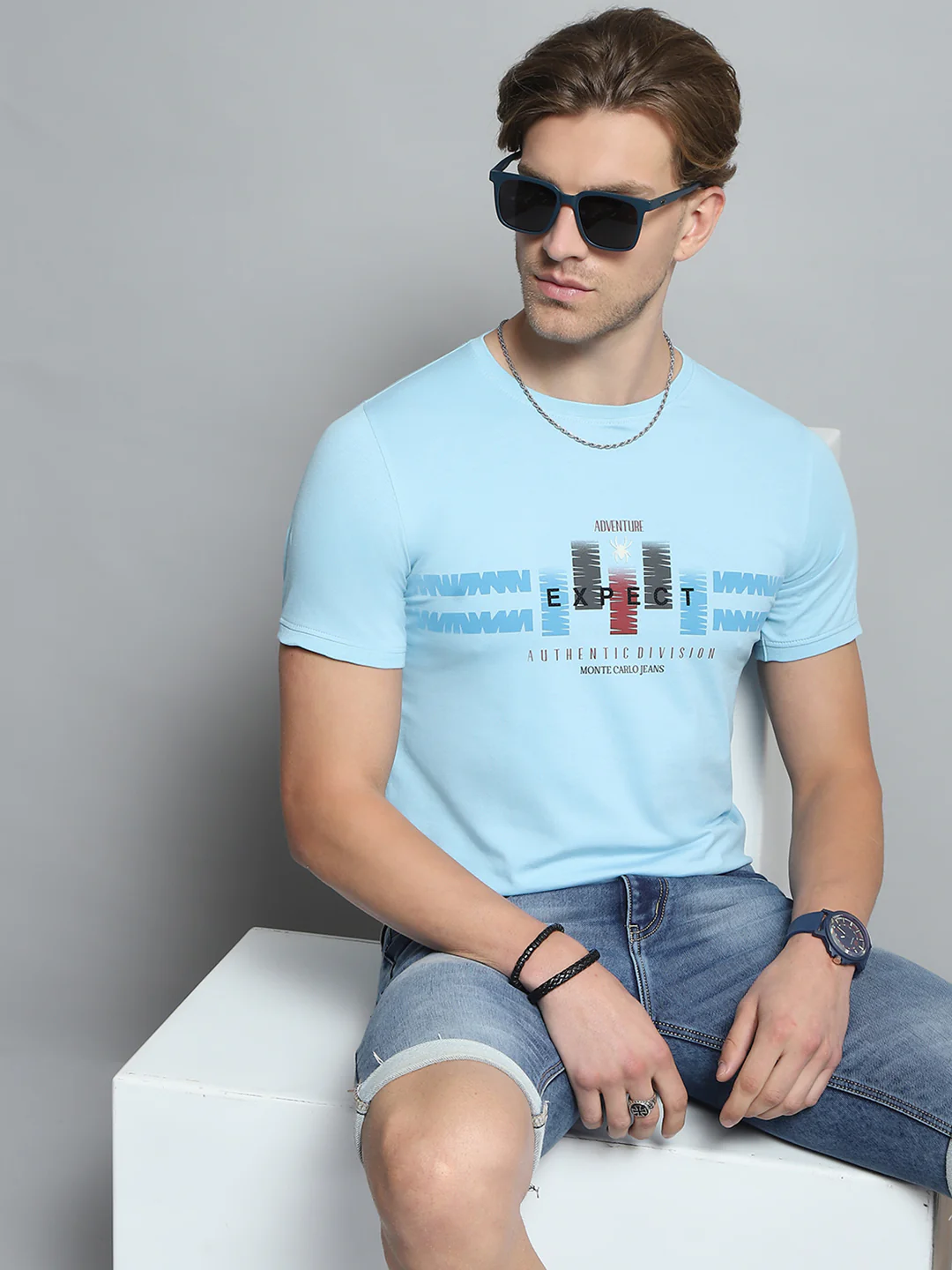 Men Blue Printed Round Neck Half Sleeve T-Shirt - Image 6