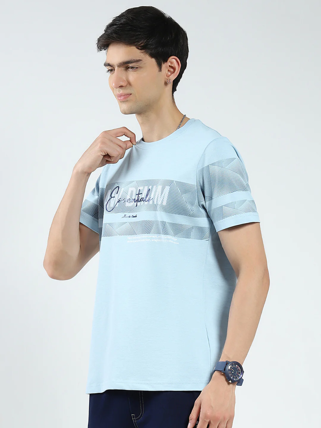 Men Blue Printed Round Neck Half Sleeve T-Shirt - Image 3