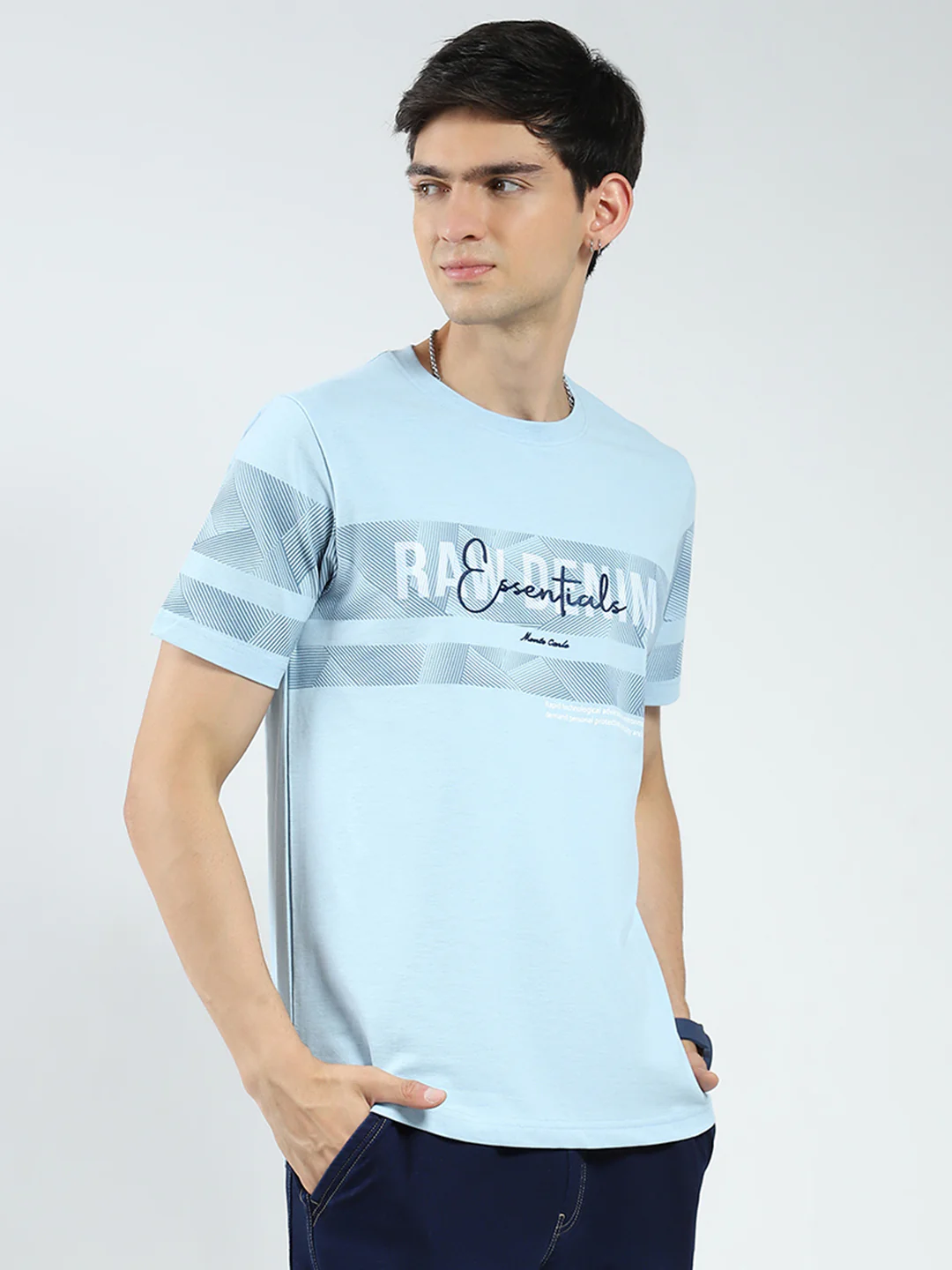 Men Blue Printed Round Neck Half Sleeve T-Shirt - Image 4