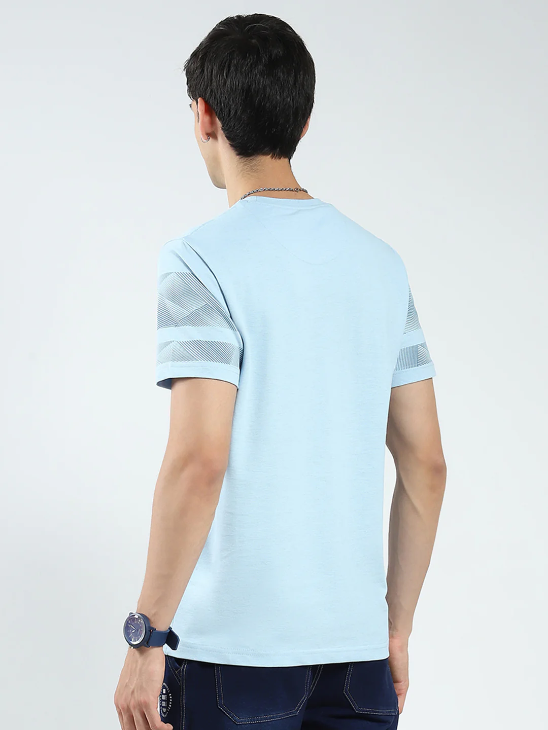 Men Blue Printed Round Neck Half Sleeve T-Shirt - Image 5