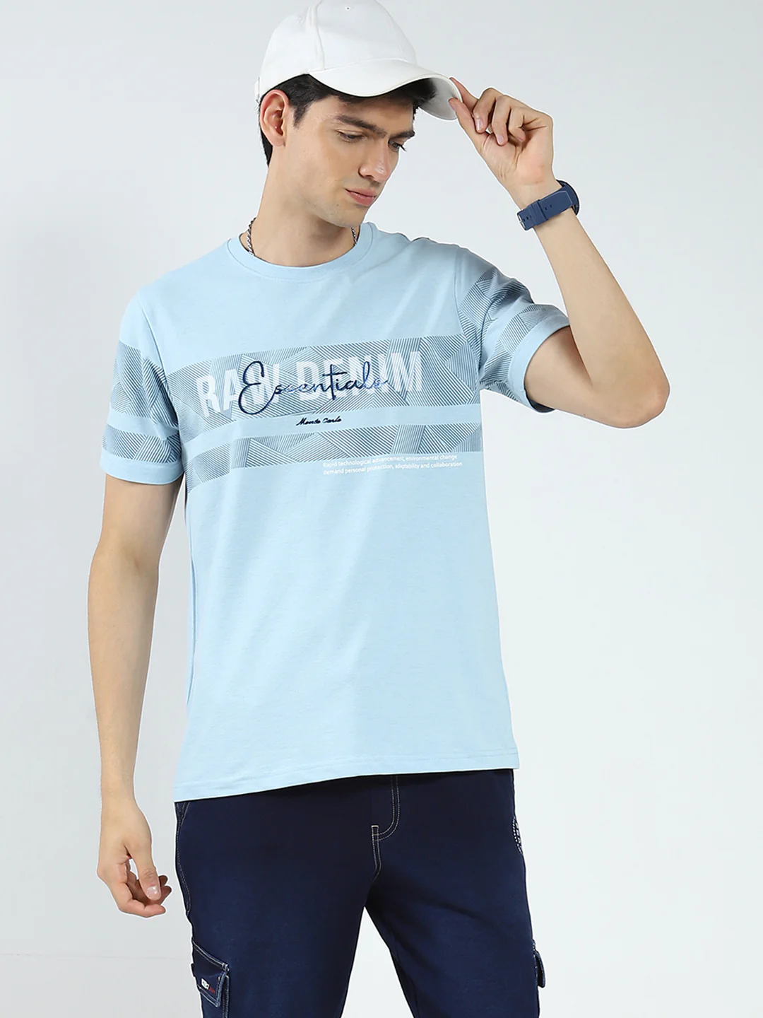 Men Blue Printed Round Neck Half Sleeve T-Shirt - Image 6