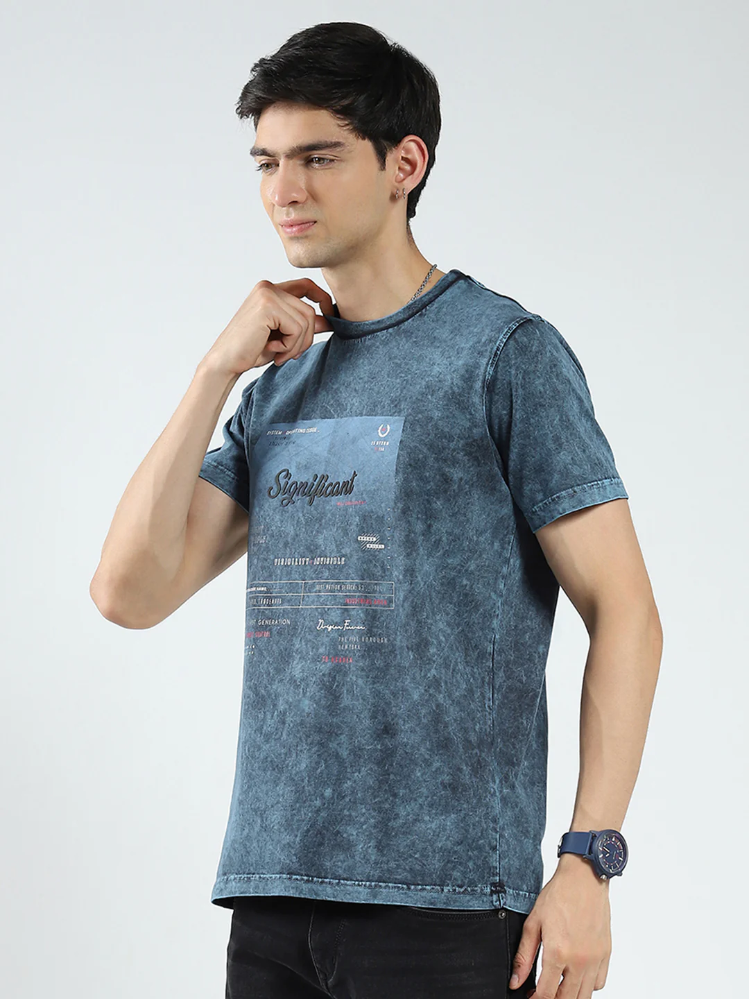 Men Blue Printed Round Neck Half Sleeve T-Shirt - Image 3