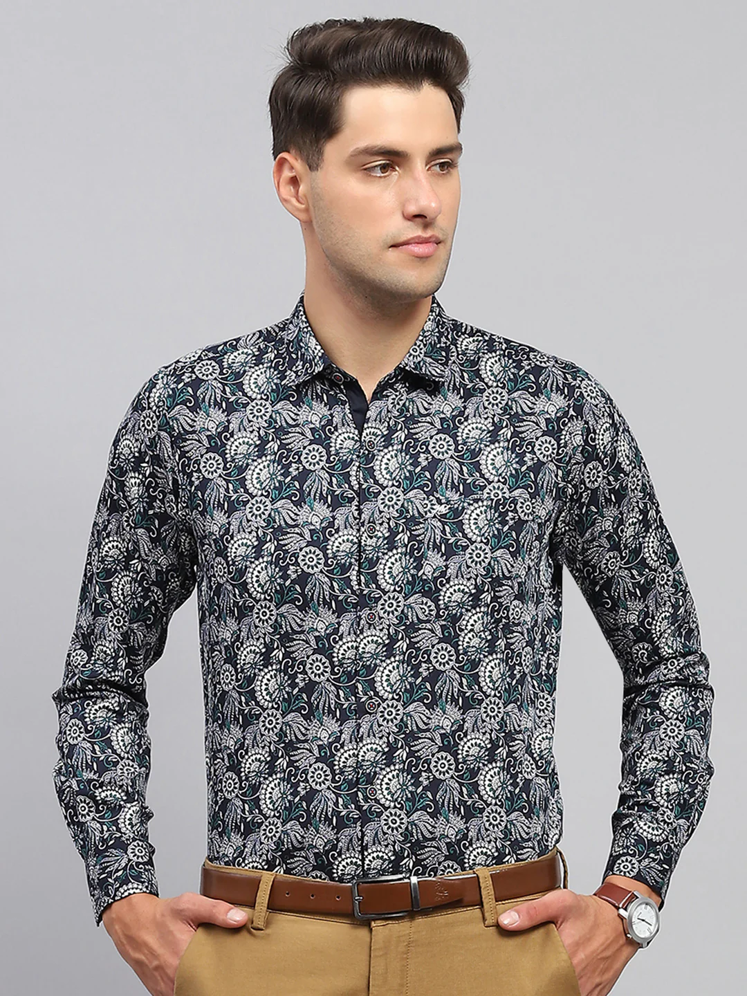 Men Blue Printed Spread Collar Full Sleeve Shirt - Image 2