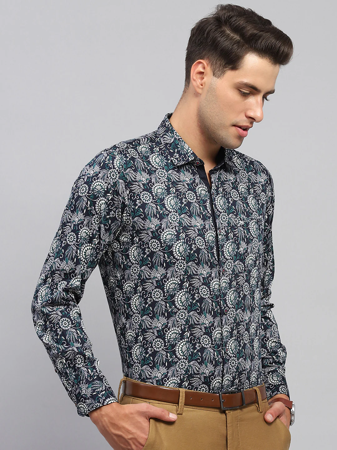 Men Blue Printed Spread Collar Full Sleeve Shirt - Image 4