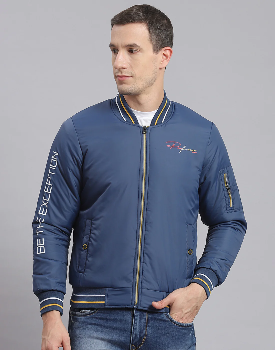 Men Blue Printed Stand Collar Full Sleeve Jacket - Image 2