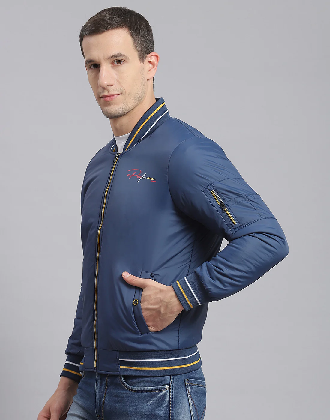 Men Blue Printed Stand Collar Full Sleeve Jacket - Image 3