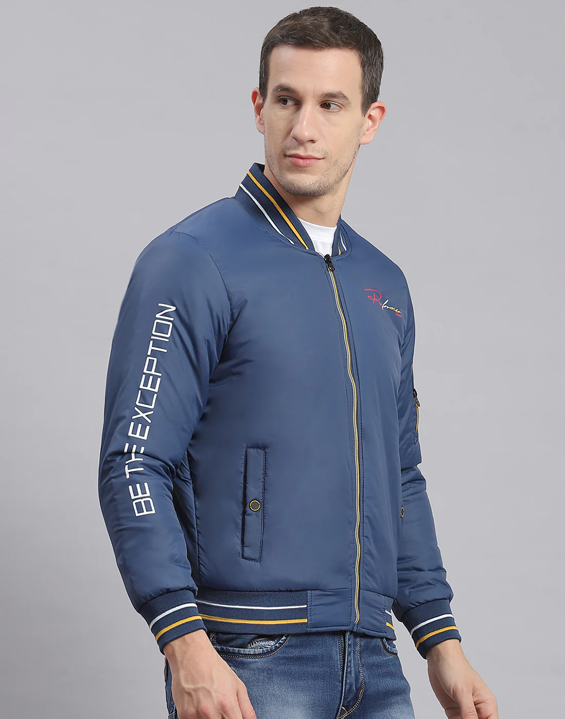 Men Blue Printed Stand Collar Full Sleeve Jacket - Image 4