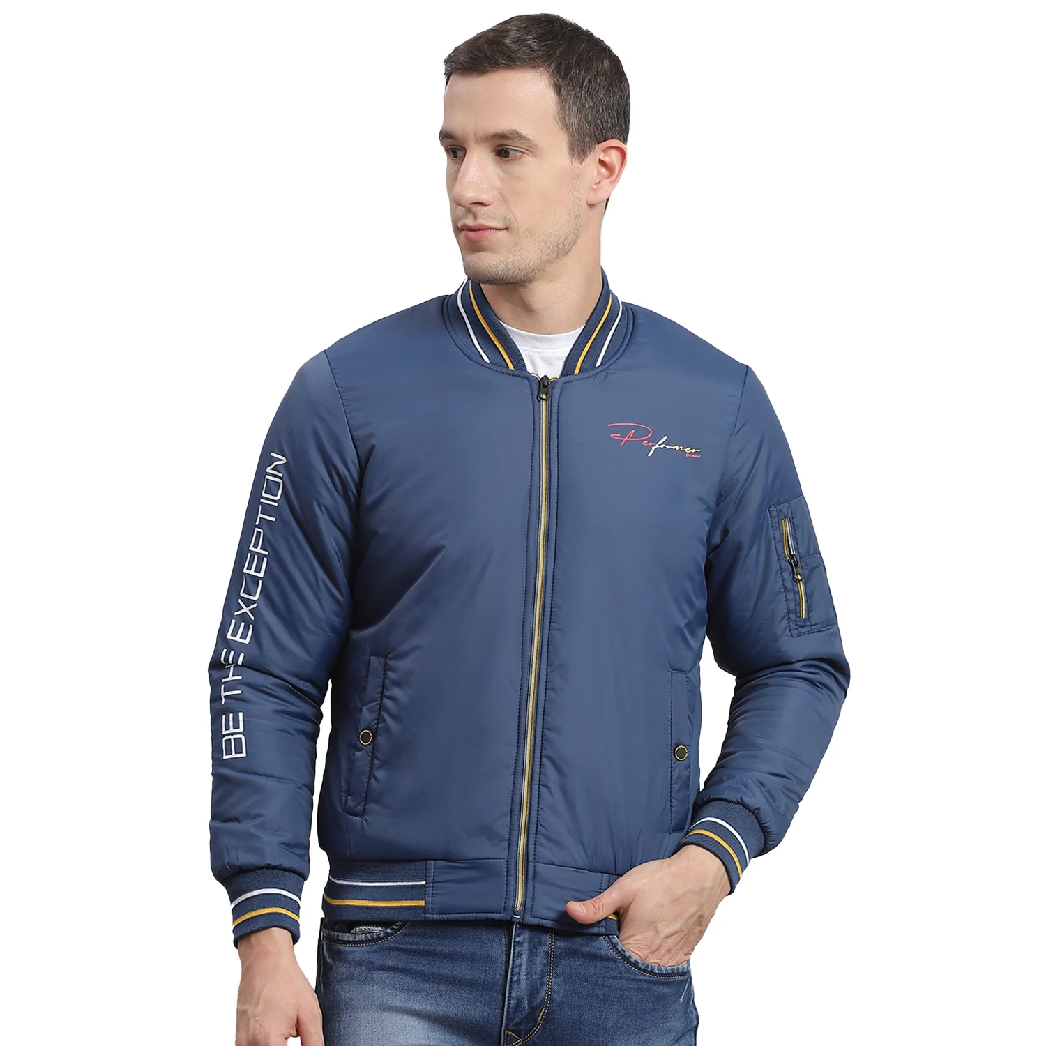 Men Blue Printed Stand Collar Full Sleeve Jacket - Image 5