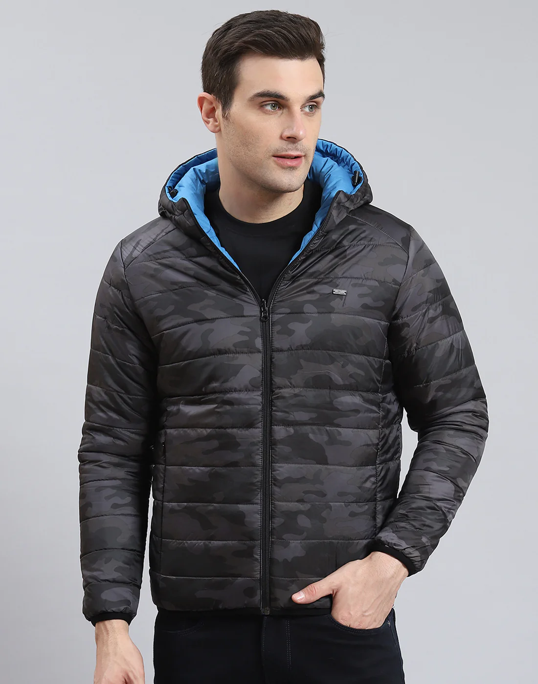 Men Blue Printed Stand Collar Full Sleeve Jacket - Image 3