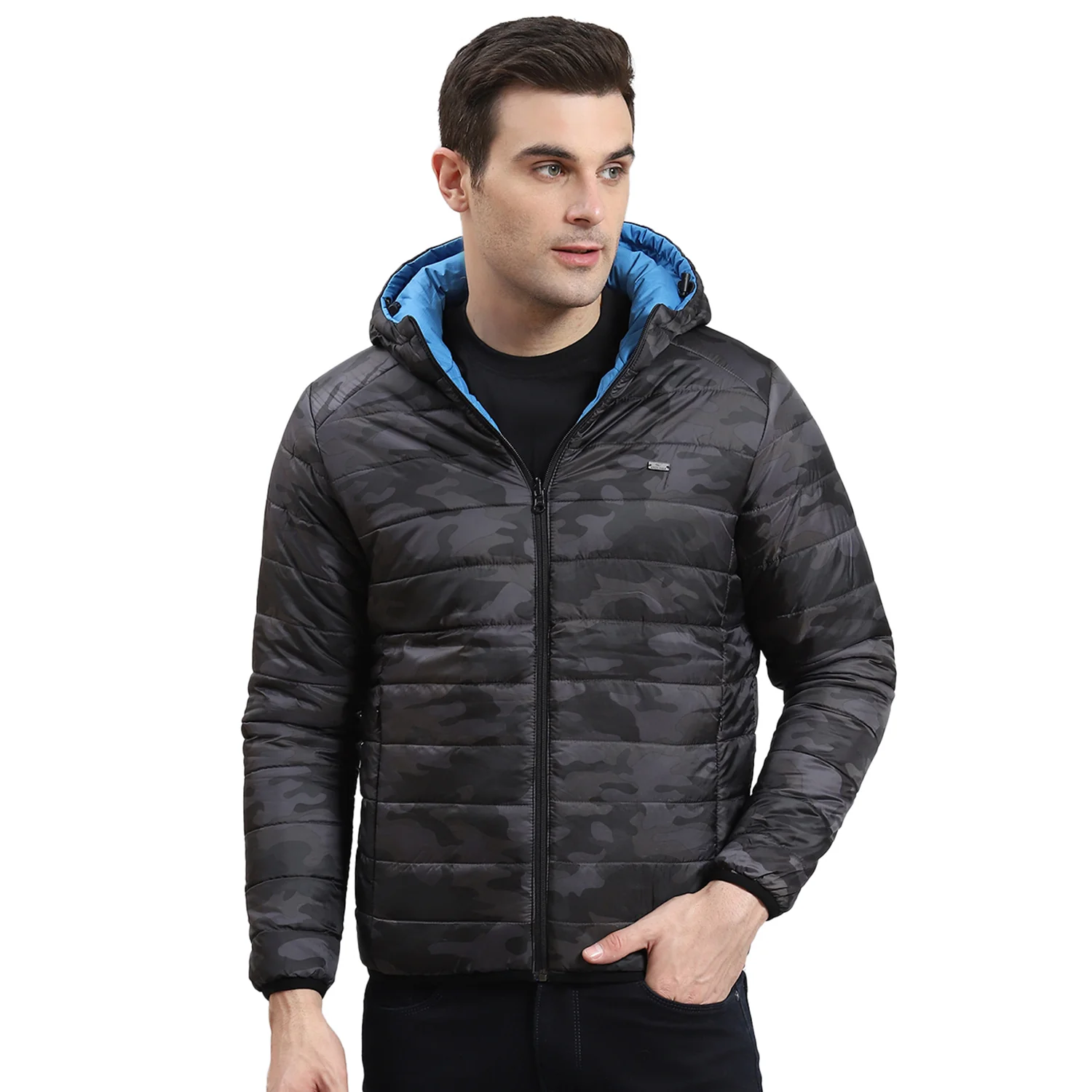 Men Blue Printed Stand Collar Full Sleeve Jacket - Image 5
