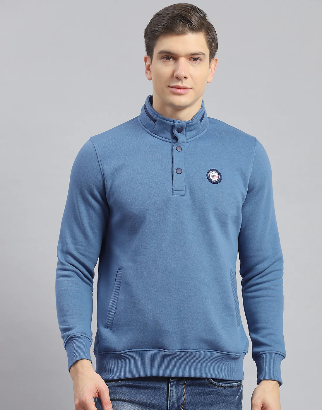 Men Blue Printed Stand Collar Full Sleeve Sweatshirt - Image 2