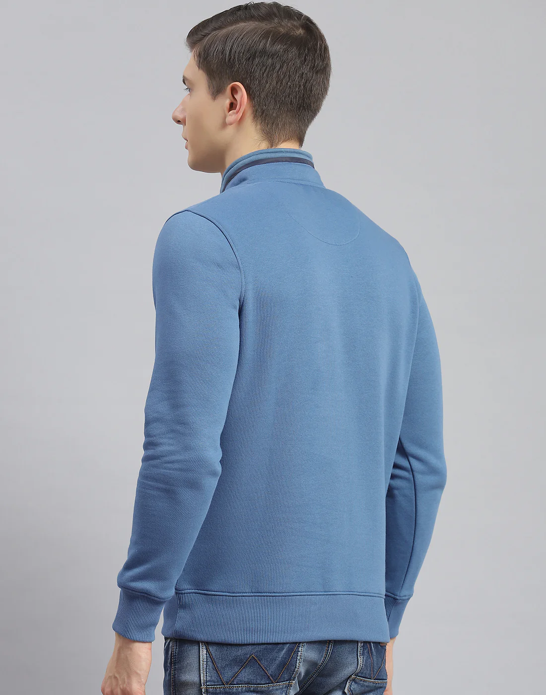 Men Blue Printed Stand Collar Full Sleeve Sweatshirt - Image 5