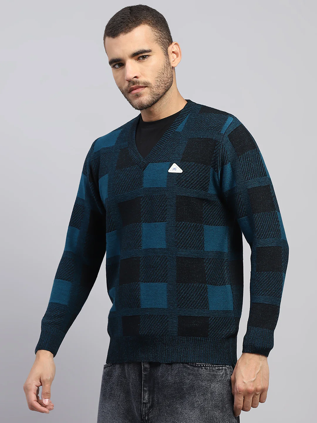Men Blue Printed V Neck Full Sleeve Pullover - Image 3