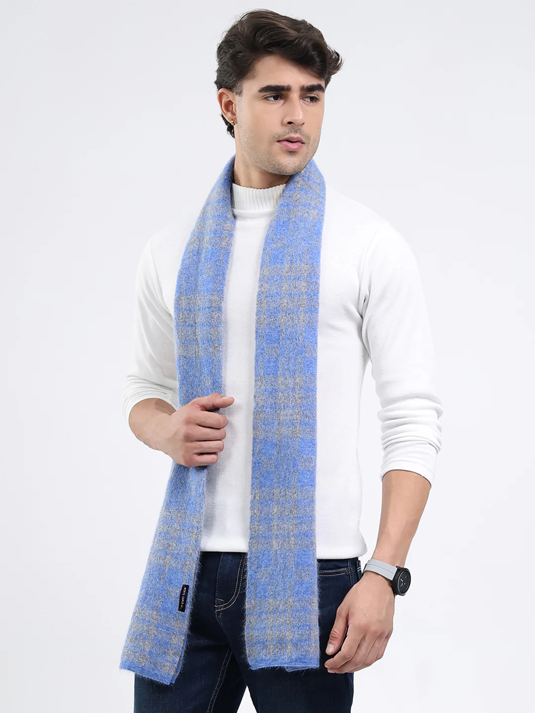 Men Blue Self Design Angoora Muffler - Image 3