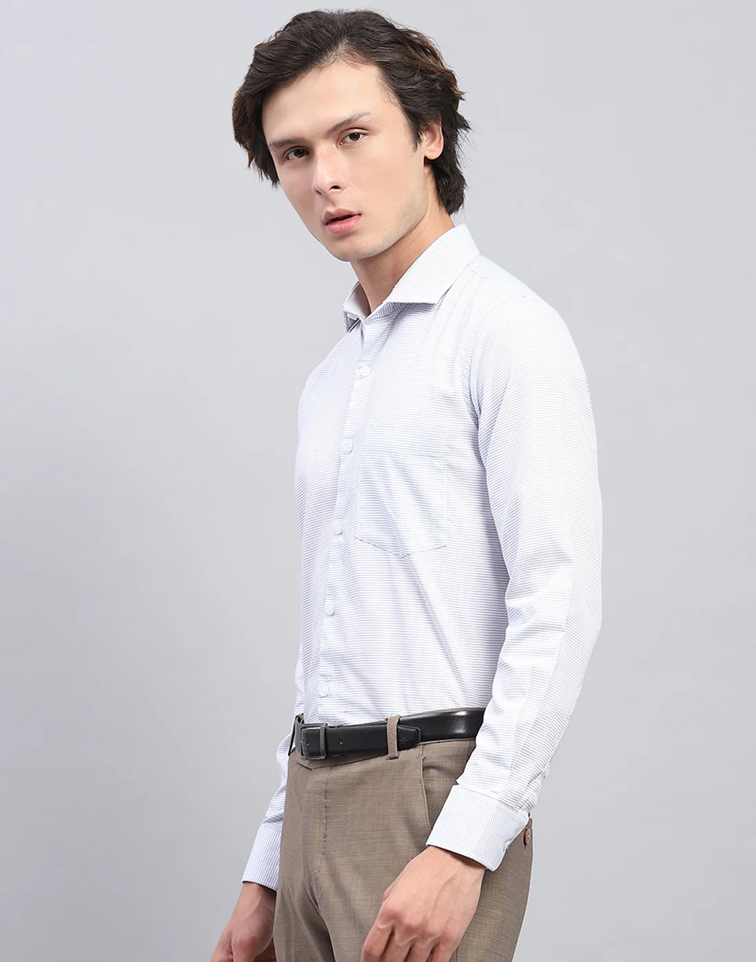 Men Blue Self Design Collar Full Sleeve Shirt - Image 3