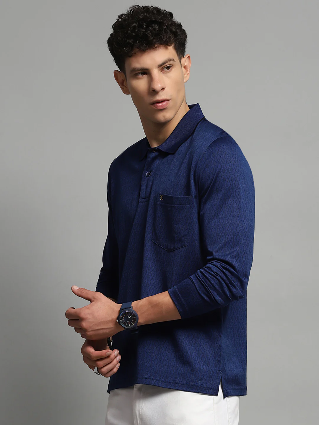 Luxuria Men Blue Self Design Collar Full Sleeve Winter T-Shirt - Image 3