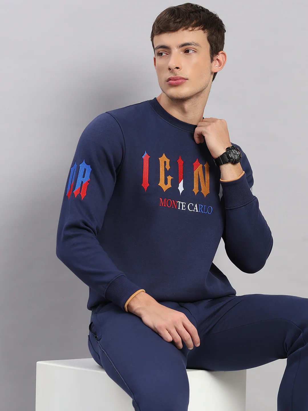 Men Blue Self Design Collar Full Sleeve Winter Tracksuit - Image 6