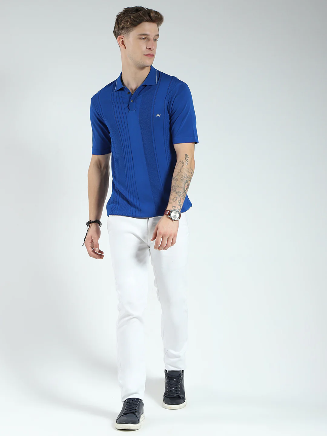 Men Blue Self Design Collar Half Sleeve T-Shirt - Image 2
