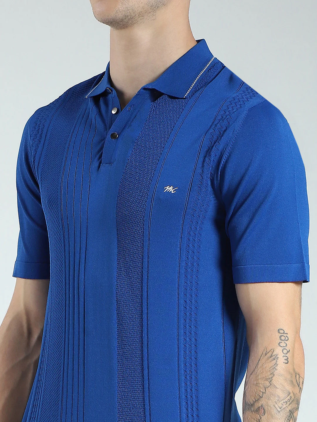 Men Blue Self Design Collar Half Sleeve T-Shirt - Image 6